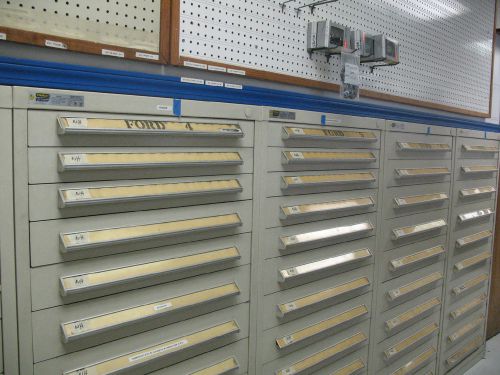 STANLEY VIDMAR PARTS STORAGE CABINETS,26 TOTAL, LOADED WITH DIVIDERS