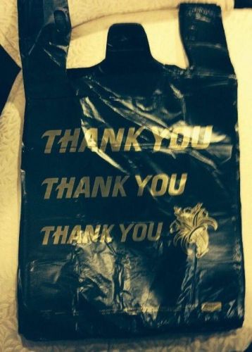100 Black Plastic T Shirt Bags 12 x 5.5 x 21 with Gold &#034;Thank You&#034;/Flowers - NEW