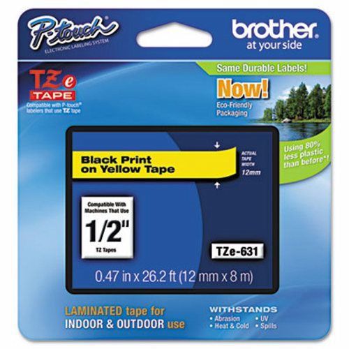 Brother Adhesive Laminated Labeling Tape, 1/2w, Black on Yellow (BRTTZE631)