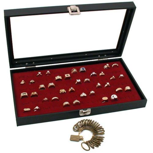 Glass top jewelry red 72 ring display case box bonus for sale