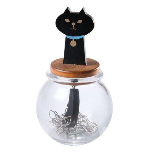 Black Cat Magnetic Paperclip Holder with Wood Top - Fun Office Desk Supplies