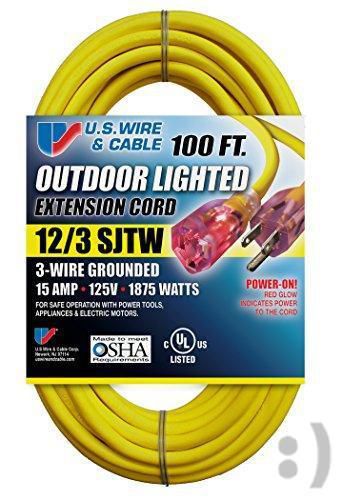NEW US Wire 74100 12/3 100-Feet SJTW Yellow Heavy-Duty Lighted Extension Cord