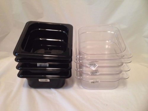 LOT OF 8 CAMBRO 1/6 GN FOOD PAN, 2 1/2&#034; DEEP 62CW (4 Black &amp; 4 Clear)