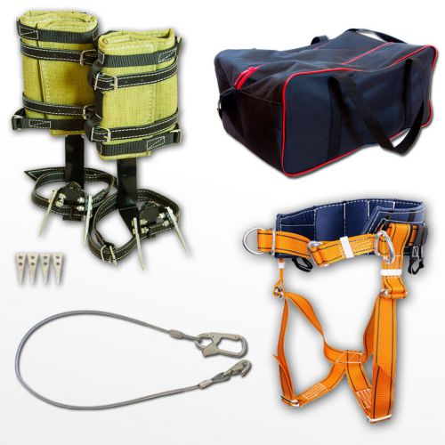 Tree Climbing Spikes Safety belt w/ thigh straps Steel Cable Lanyard &amp; Gear Bag
