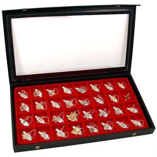 32 Slot Earring Jewelry Display Case Clear Top Red New