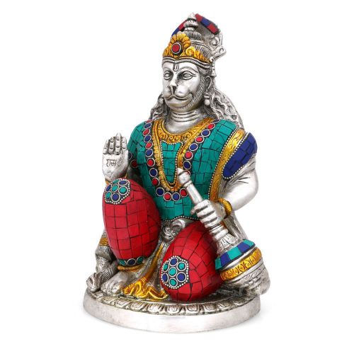 Sitting Hanuman Statue Religious God Monkey Figure Brass Silver polish Sculpture