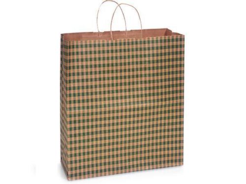 50 X-Large Hunter Green Gingham Shopping Gift Bags Wholesale Packaging Christmas
