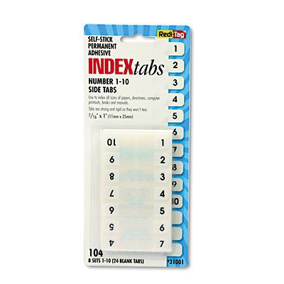 Side-Mount Self-Stick Plastic Index Tabs Nos 1-10, 1 inch, White, 104/Pack