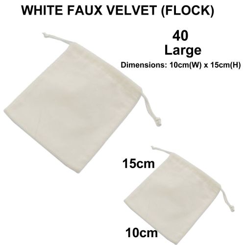 40 BULK SALE large White Velvet Jewellery Drawstring Gift Bag Flock 15 x 10cms