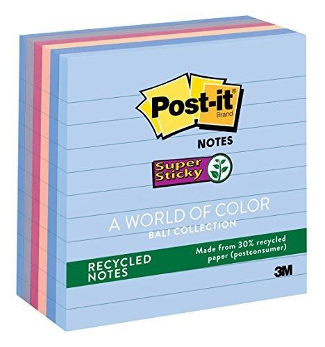 Post-it Recycled Super Sticky Notes, 4 in x 4 in, Bali Collection, Lined, 6