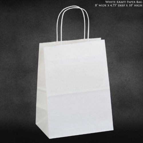 8&#034;x4.75&#034;x10&#034; - 50 Pcs - White Kraft Paper Bags, Shopping, Mechandise, Party, Gif