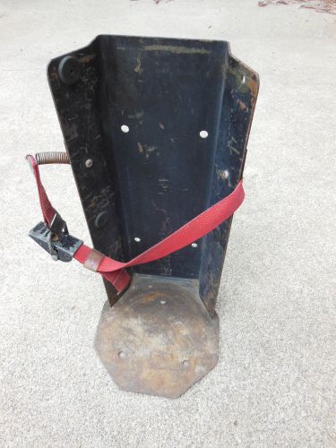 Vtg fire extinguisher wall / floor mount metal bracket w/ strap up to 7 1/2&#034; dia for sale