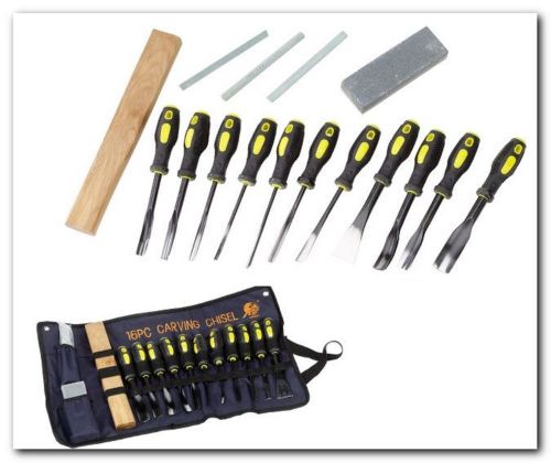16 Piece Wood Carving Set Carbon Steel Chisels Silicon Carbide Sharpening Stones