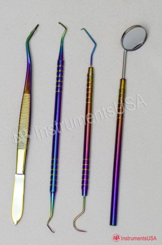 Examination set of 4 instruments dental explorers sickle scaler tweezer mirror for sale