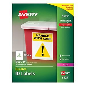Avery Permanent White Durable I.D. Labels for Laser Printers, 8-1/2 x 11, 6575