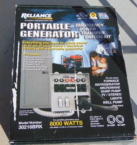 Reliance 6 Circuit Transfer Switch Kit with Power Cord Model # 30216 BRK/NEW