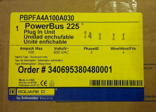 New SQUARE D PowerBus 225 - 3 Phase, 4 Wire Bus Plug PBPFA4A100A030