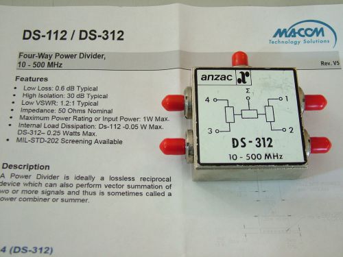 RF POWER DIVIDER 4 WAY SMA 10MHz - 500MHz DS-312