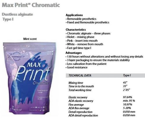 Max print® chromatic, dustless alginate type i, impression material that changes for sale