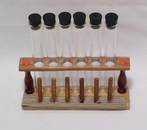 6 glass test tubes wood rack w stoppers for spices etc. for sale