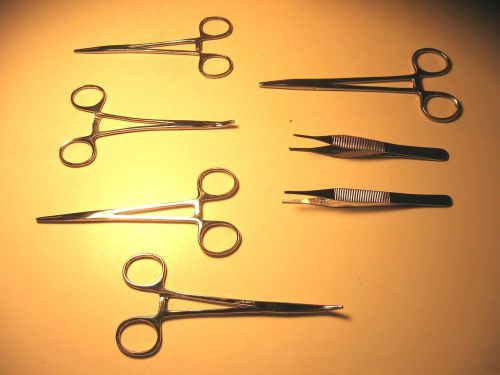 7 pc hemostat, needle holder, tweezer, forcep surgical kit (7501) for sale