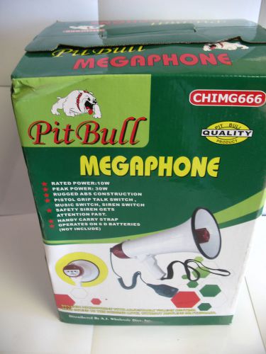 New Pit Bull Megapone. 10W rated power. 30W peak power. Operates on 6 D batterie