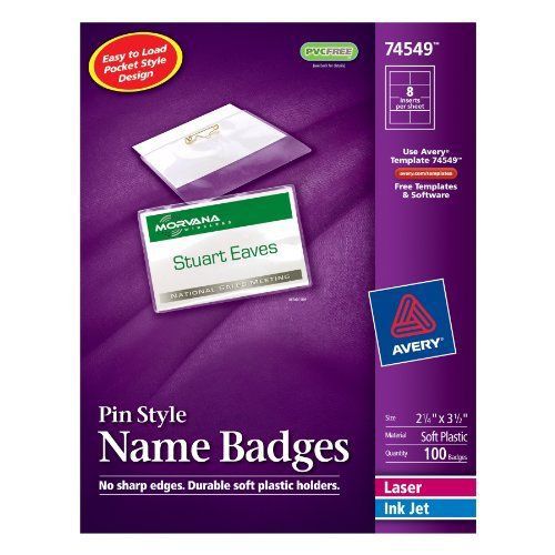 Avery Pin Style Top-Loading Name Badges  2.25 x 3.5 Inches  White  Box of 100 (7