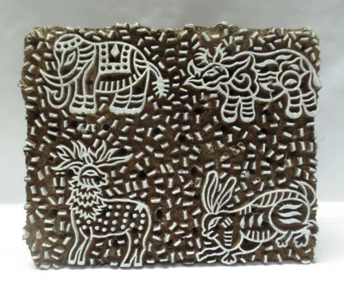 VINTAGE WOOD HAND CARVED TEXTILE PRINTING FABRIC BLOCK STAMP FINE ANIMAL CARVING