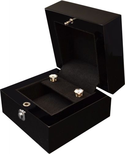 Glossy Black Wood Single Flap Earring Storage Case Box with Lock &amp; Hinge