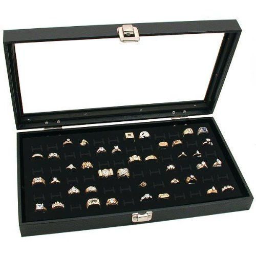 Jewelry Display Case Trays Glass Top Black 72 Slot Ring Tray Travel Storage Safe