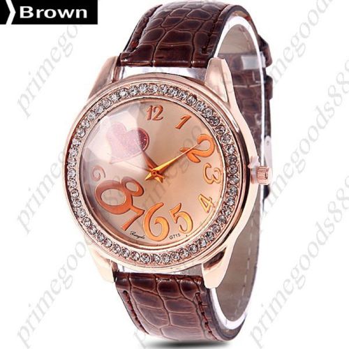 Heart Big Numbers Rhinestones PU Leather Ladies Quartz Wristwatch Women&#039;s Brown