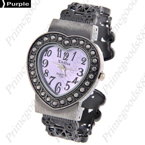 Heart Shape Silver Bracelet Bangle Lady Ladies Quartz Wristwatch Women&#039;s Purple