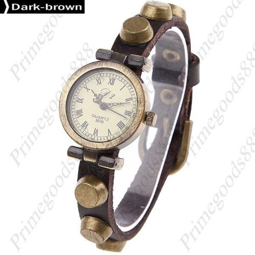 Round Nail PU Leather Analog Lady Ladies Quartz Wristwatch Women&#039;s Dark Brown