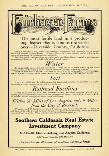 1907 ad fairhaven farms riverside county california - original advertising pm2 for sale