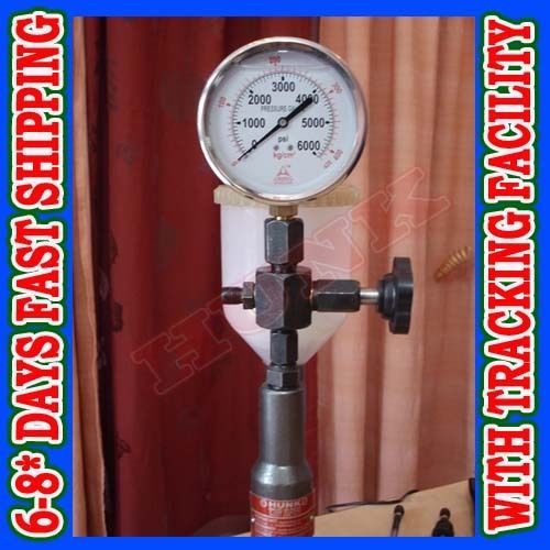 Diesel injector nozzle tester with glycerin filled dual scale bar/psi gauge ., for sale