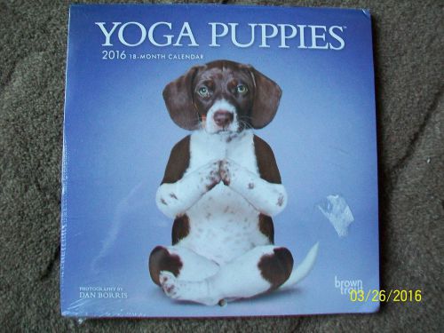 YOGA PUPPIES 2016 18-month mini (7&#034; x 7&#034;) calendar new,sealed in plastic