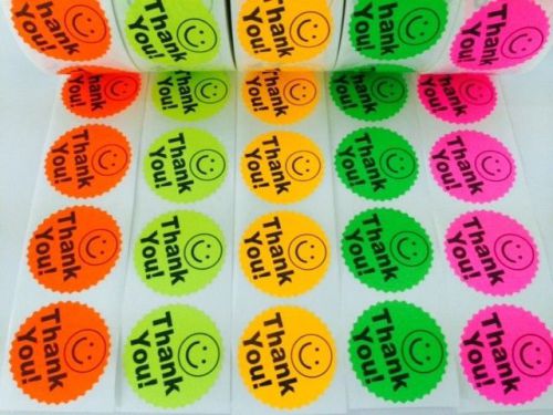 50 big thank you label smiley 2&#034; sticker starburst colors neon fluorescent for sale