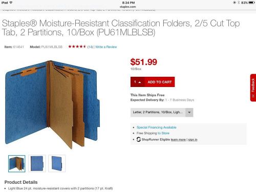Staples 10 Pack Moisture Res Class Folders, 2/5 Cut Top Tab, 2 Part Lt  Blue