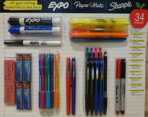 Expo PaperMate Sharpie Essentials Markers Pens Pencils Erasers Leads, 34 Pieces