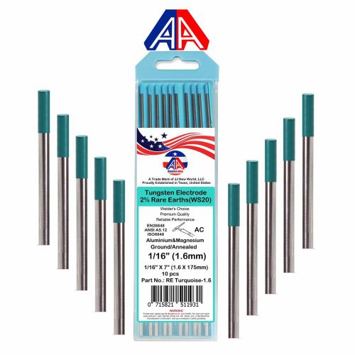 America alloy(aa)10pc tig 2% rare earths tungsten electrodes. turquoise 1/16&#034;x7&#034; for sale