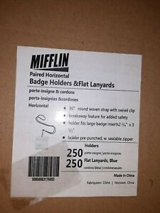 MIFFLIN 250 badge holders w/ blue flat Lanyards 36&#034; 2.25x3.5 In Horizontal Badge