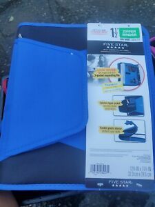 Five Star 1-1/2 Inch Zipper Pocket 3 Ring Binder 3 Pocket Expanding File blue