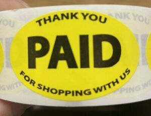 PAID Thank you Yellow Retail Stickers Labels 1.25&#034; x 2&#034; 1000 Labels/Roll