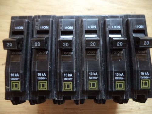 Lot of 6 SQUARE D Circuit Breakers 1 Pole 20 Amp QO120 TESTED