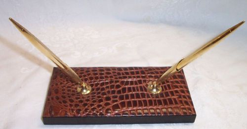Leather Croc Embossed Desk Double Pen Stand New