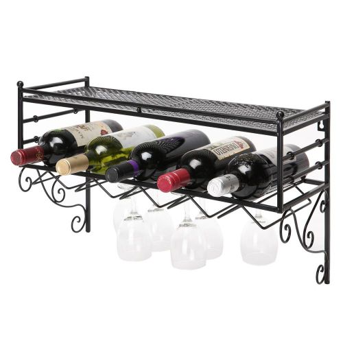 Classical wine bottle glass storage organizer rack with top shelf wall mounting for sale