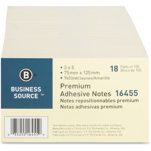 Business Source Adhesive Note Pad - 3&#034;x5&#034; - Yellow - 18/Pack - BSN16455