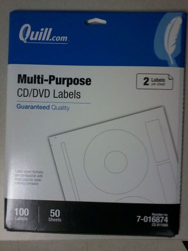 Quill CD/DVD Labels, Multi-Purpose, White, 8-1/2 x 11&#034;, 50 Sheets, 100 Labels