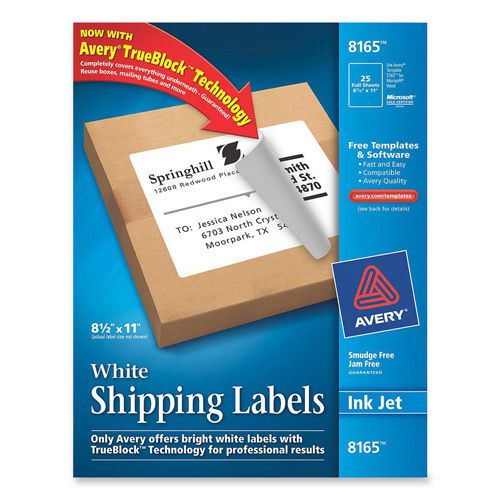 Avery Ink Jet Labels, Full Sheet, 8 1/2&#034;x11&#034;, 25 per Pack, White