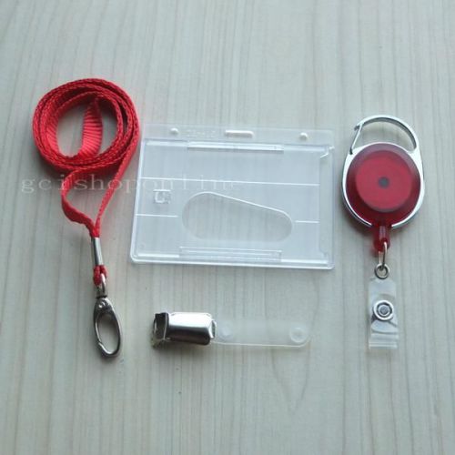 One set lanyard + ID card Badge holder + Retractable Clip Reel Strap Red STL2